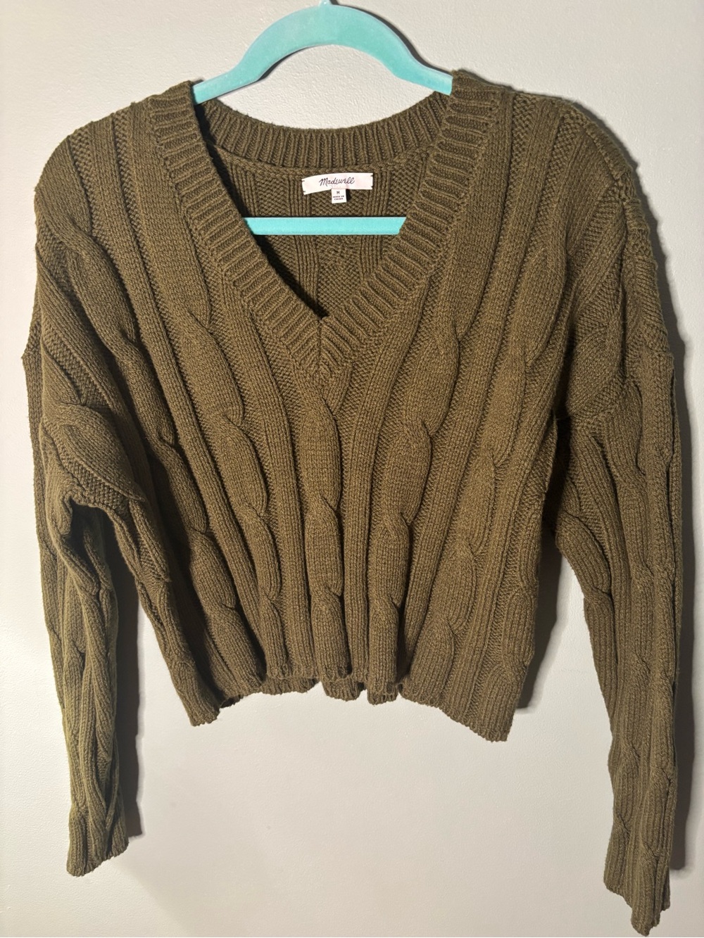 Madewell Cable-Knit V-Neck Crop Sweater in Loden Olive Green M